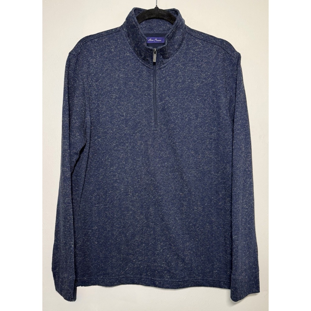 Alan Flusser 1/4 Zip Pullover Sweater Men's Medium Navy Blue Mock Neck Cotton